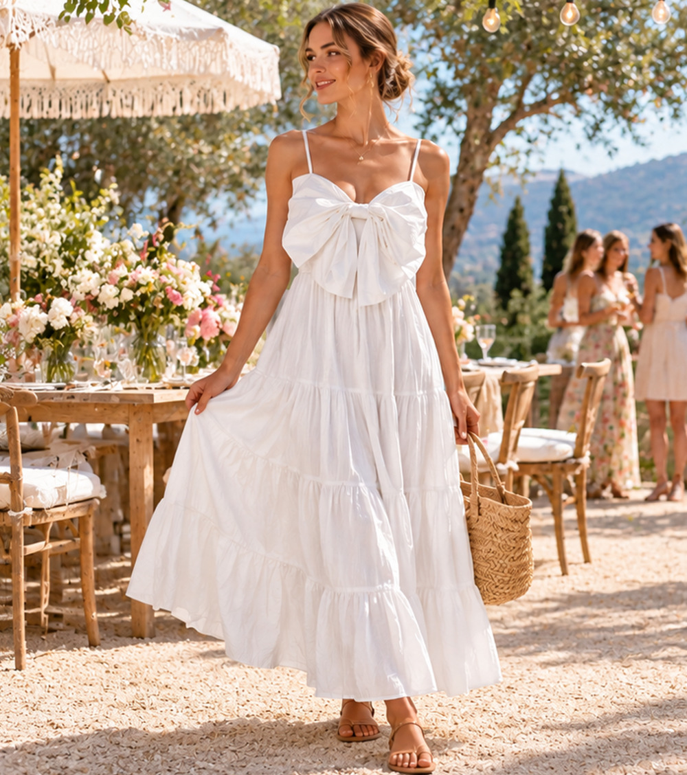 MABLE Bow Front Tiered Maxi Dress Spaghetti Strap S Coquette Cottagecore Bridal